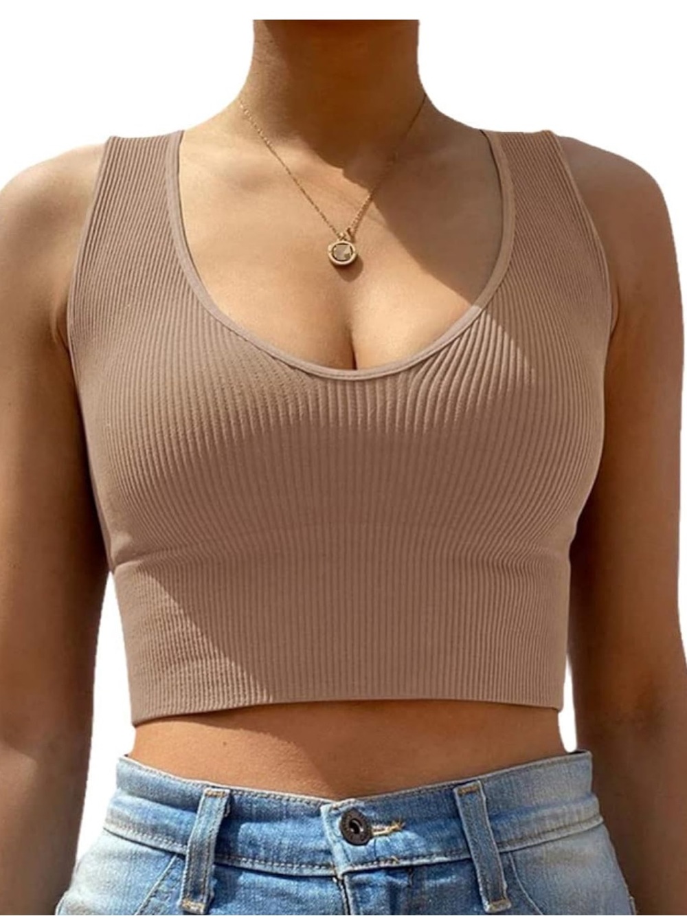 Ribbed V-Neck Cropped Tank Top - Beige